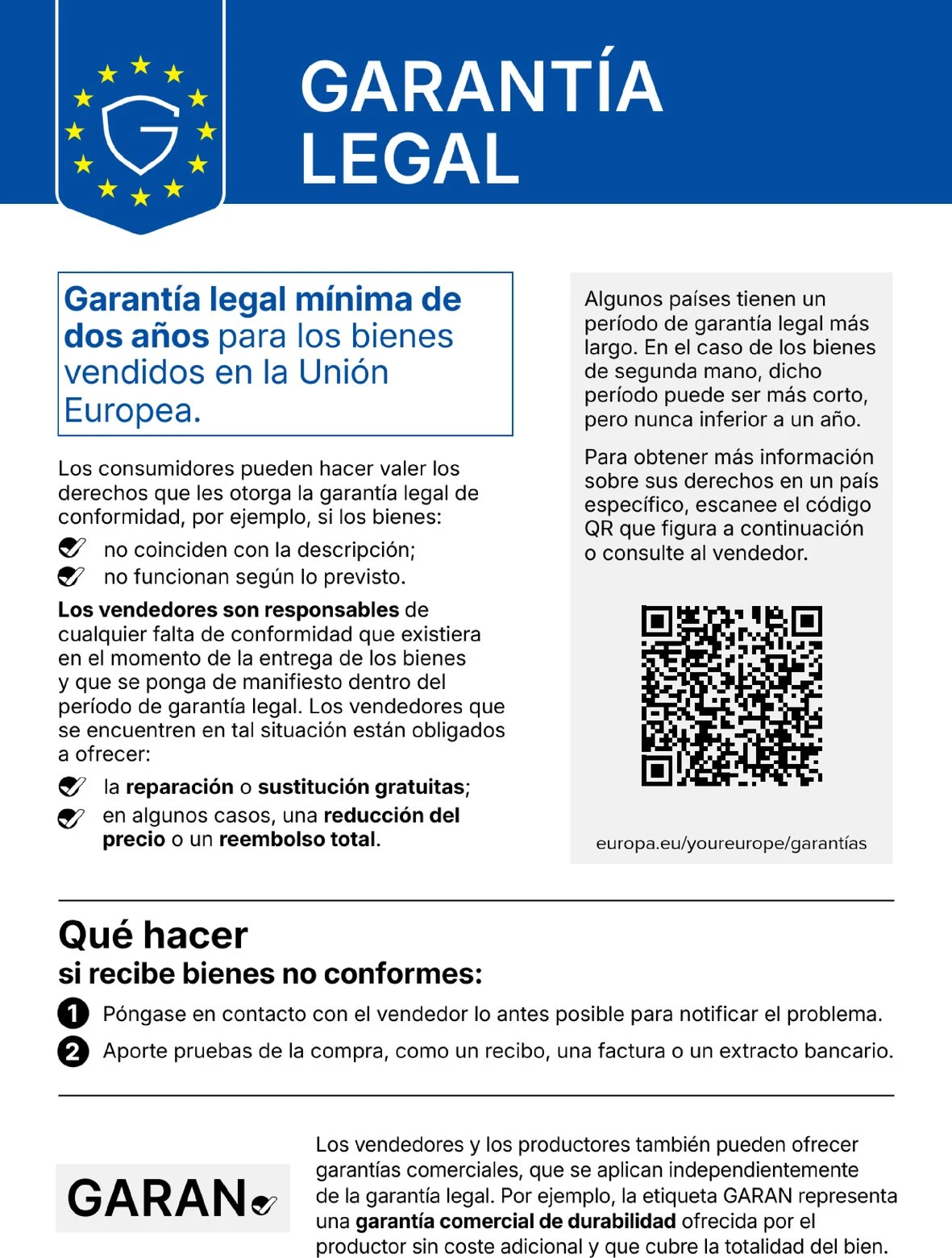 aviso armonizado sobre la garantía legal de conformidad